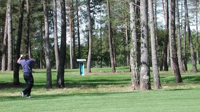 Jugador en una salida entre pinos del golf de Guitiriz